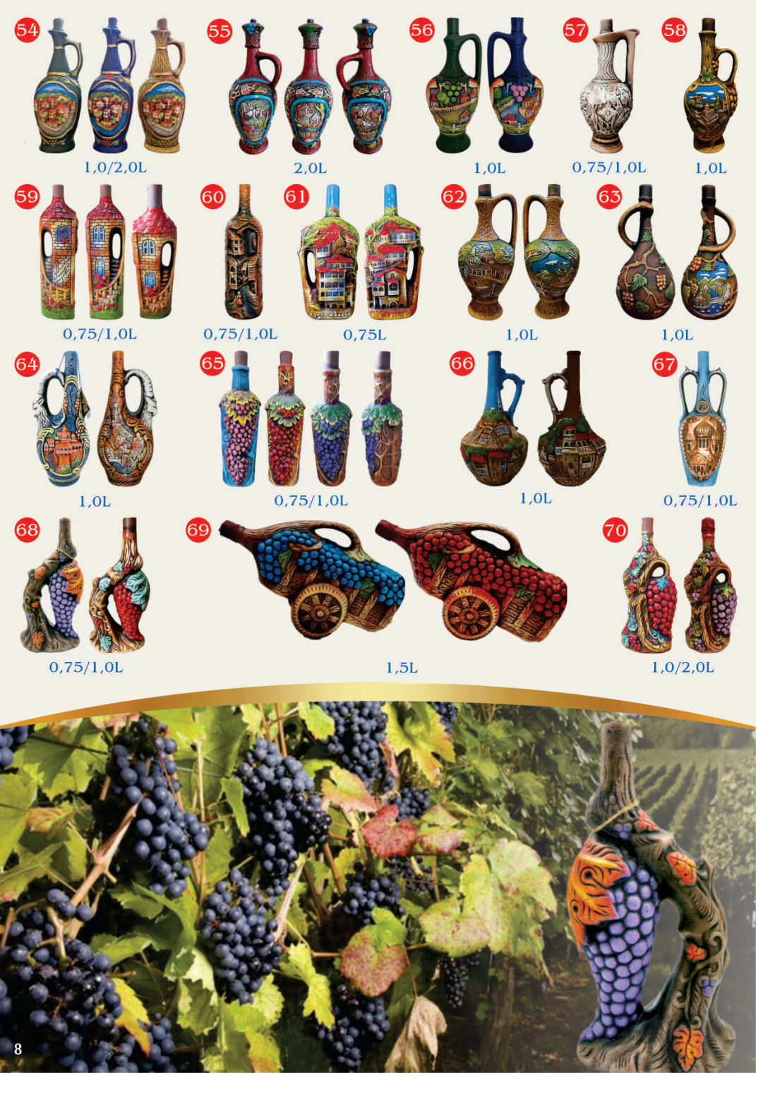 Hand-painted Georgian ceramic wine bottles — grape, cart and cityscape designs